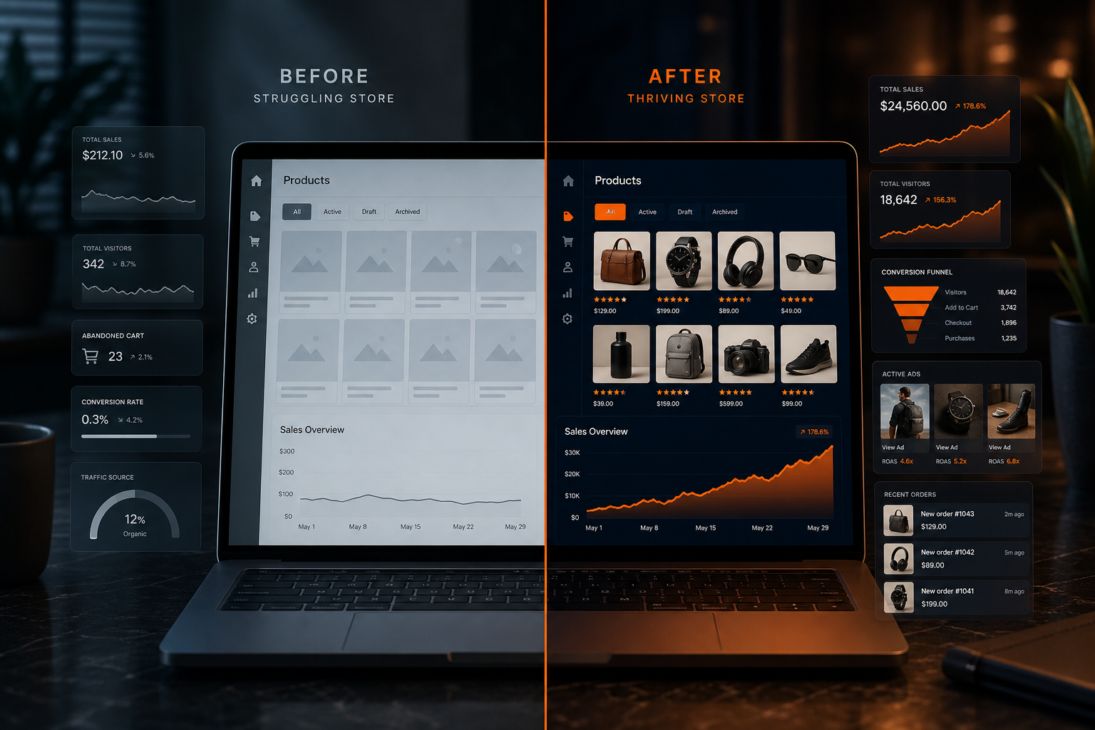 E-commerce before and after: empty catalogue versus live products and rising order activity