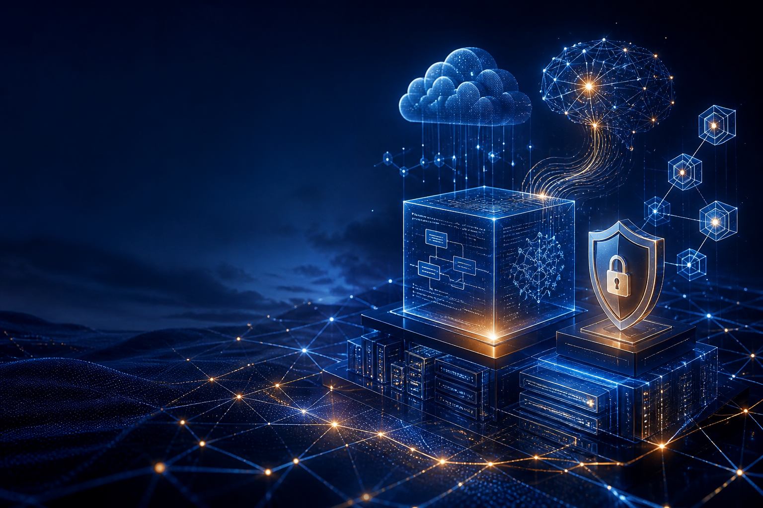 Abstract technology visual representing AI, cloud, software architecture and secure digital platforms
