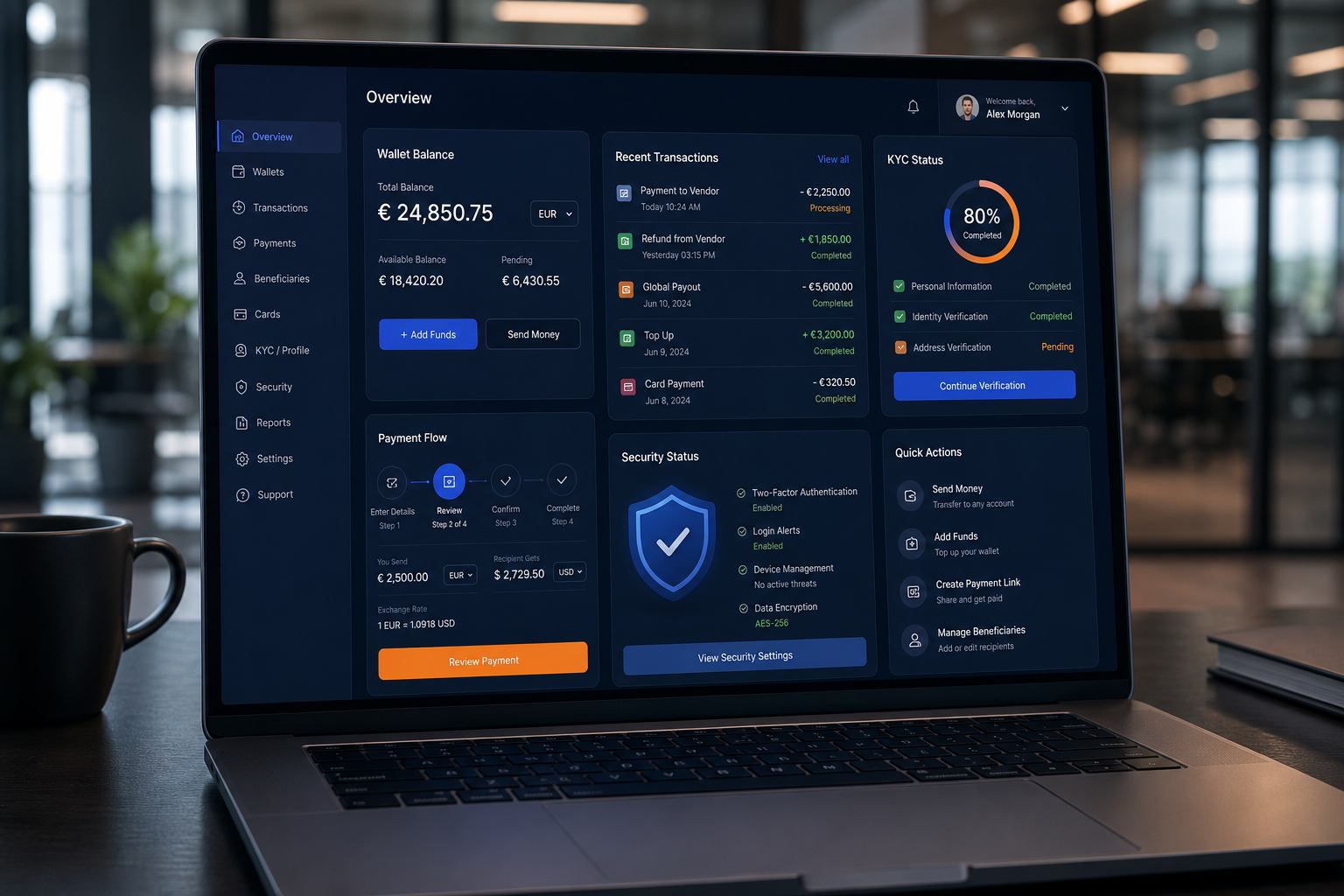 FinTech platform dashboard with wallets, transactions and KYC-style status