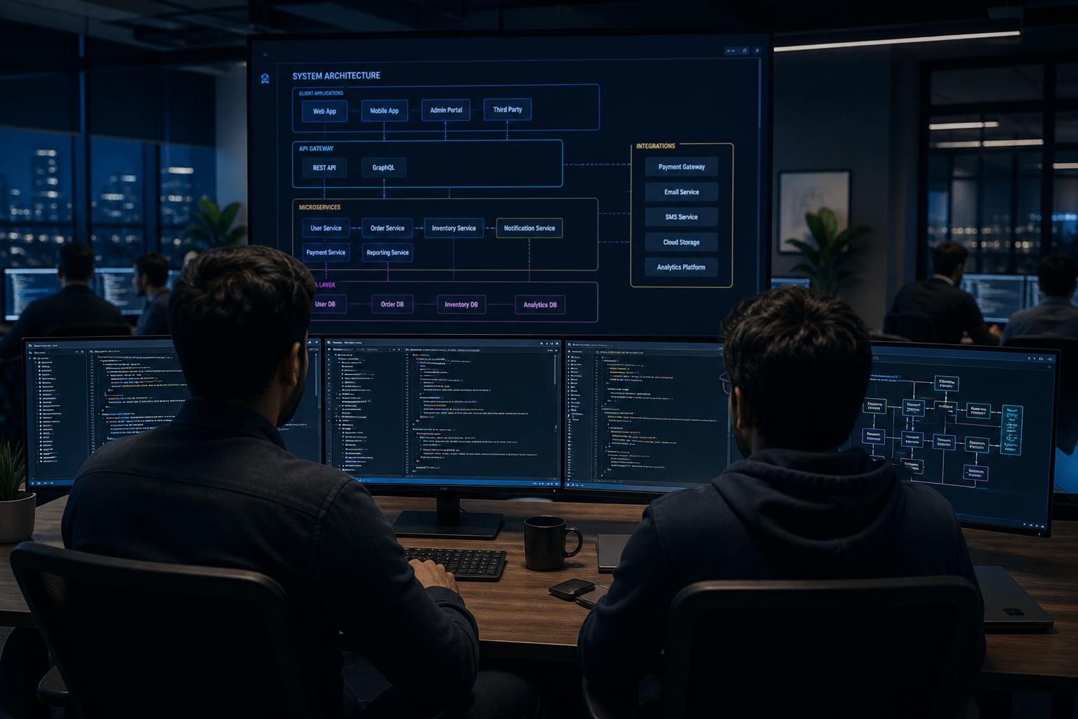 Software engineering team reviewing architecture and product workflows